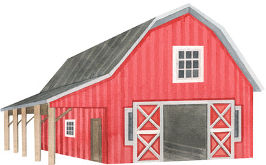 Watercolor red barn. Farmhouse illustration. Farm building
