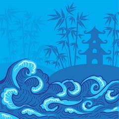 Fototapeta na wymiar Textured sea waves in the foreground with a Japanese-style background. Bamboo pagoda in blue shades ..