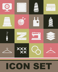 Set Hanger wardrobe, Layers clothing textile, Sewing thread, Yarn ball with knitting needles, Thimble for sewing, Location tailor shop and Sleeveless T-shirt icon. Vector