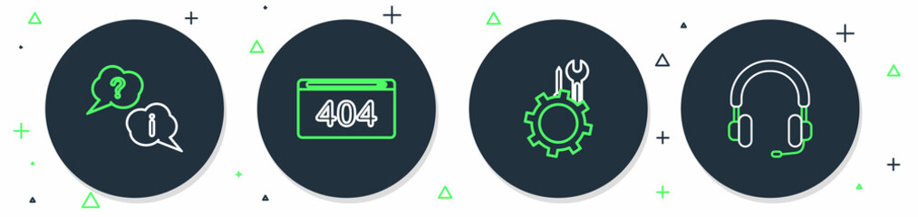 Set line Page with a 404 error, Wrench and screwdriver in gear, Question Exclamation and Headphones icon. Vector