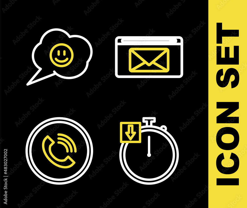 Poster set line mail and e-mail, stopwatch, phone call and speech bubble with smile face icon. vector
