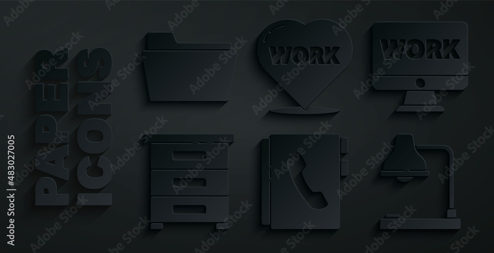 Poster set address book, monitor with text work, drawer documents, table lamp, heart and document folder ic