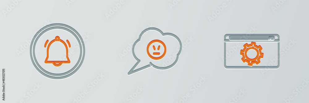 Poster set line setting, button chat notification and speech bubble with angry smile icon. vector
