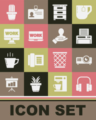 Set Headphones, Movie, film, media projector, Printer, Drawer with documents, Laptop text work, Monitor, Cactus and succulent pot and Hand for search people icon. Vector