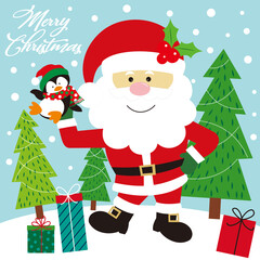 christmas card with santa claus, penguin and christmas tree