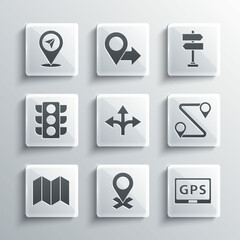 Set Location, Gps device with map, Route location, Road traffic sign, Folded, Traffic light, and icon. Vector