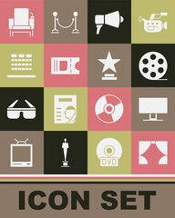 Set Curtain, Smart Tv, Film reel, Megaphone, Cinema ticket, auditorium with seats, chair and Movie trophy icon. Vector