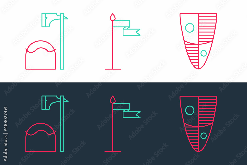 Fototapete set line shield, executioner axe in tree block and medieval flag icon. vector