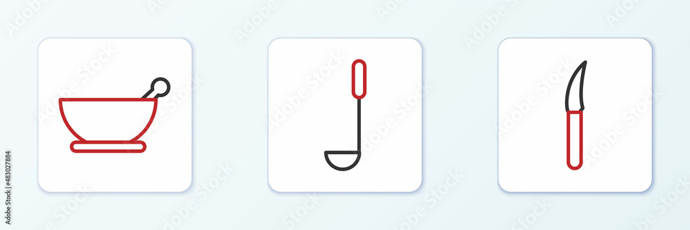 Sticker Set line Knife, Mortar and pestle and Kitchen ladle icon. Vector