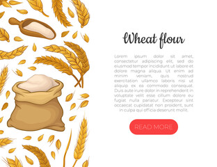 Wheat flour web banner with text. Bakery, organic grain products landing page vector illustration