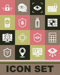 Set Eye scan, Password protection, Shield with brick wall, System bug, Smartphone, Cyber security and USB flash drive icon. Vector