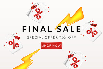 Red percent sign on white shopping bags with lightning. Final sale discount banner.