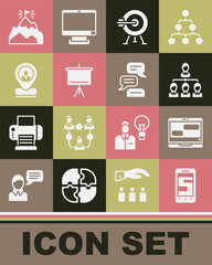 Set Chat messages on phone, laptop, Hierarchy organogram chart, Target with arrow, Chalkboard, Worker location, Mountains flag and Speech bubble chat icon. Vector