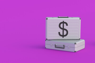 Money suitcase with symbol of dollar. Insurance payments. Compensation for damage received. Financial savings. Currency rate changes. Investment portfolio. Copy space. 3d render