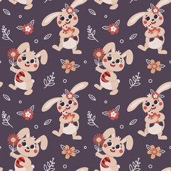 Cute vector Easter Spring seamless pattern with funny Bunny, Eggs, flowers, plants, leaves. Happy Easter seamless pattern on dark background.