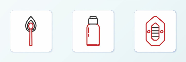 Set line Rafting boat, Burning match with fire and Canteen water bottle icon. Vector