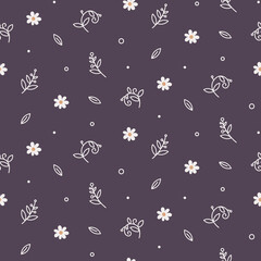 Seamless cute vector spring floral pattern with flowers, plants, branches, leaves, nature in trendy boho colors.