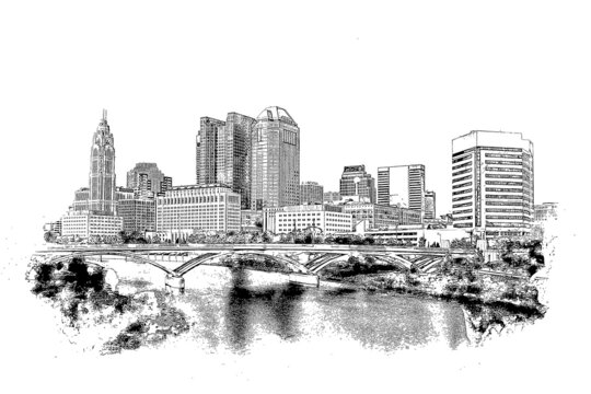 Panorama of downtown Columbus from the Main Street Bridge, Ohio, USA, ink sketch illustration.
