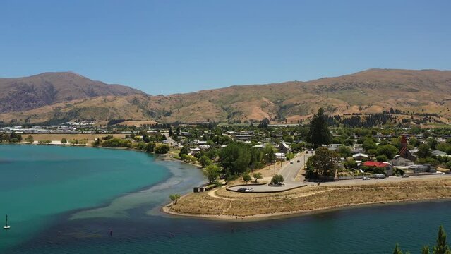 Aerial, drone shot. Central Otago, South Island, New Zealand. Cromwell, Clutha River, Gorge