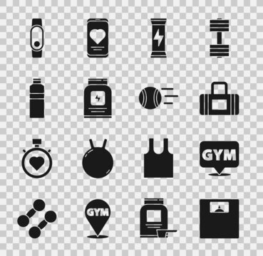 Set Bathroom scales, Location gym, Sport bag, Sports nutrition, Fitness shaker, Smartwatch and Tennis ball icon. Vector