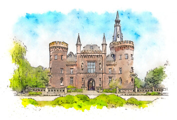 Moyland Castle is a moated castle, which is one of the most important neo-Gothic buildings in North Rhine-Westphalia, Germany, watercolor sketch illustration.