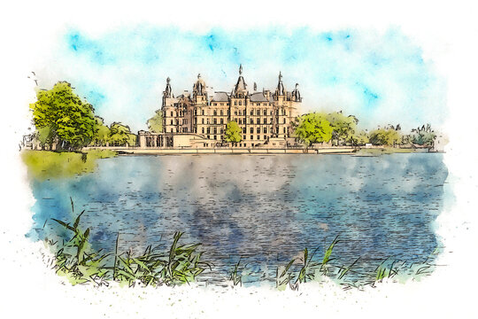 Schwerin Castle also known as Schwerin Palace, Germany, watercolor sketch illustration.
