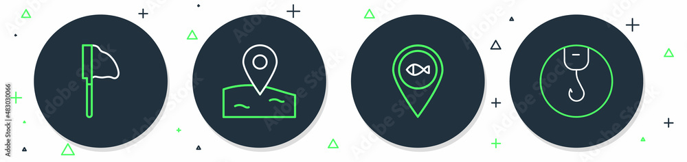 Poster set line location fishing, fishing net with and hook icon. vector