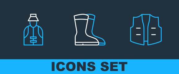 Set line Fishing jacket, Fisherman and boots icon. Vector