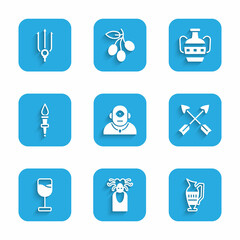 Set Cyclops, Medusa Gorgon, Ancient amphorae, Crossed arrows, Wine glass, Torch flame, and Neptune Trident icon. Vector