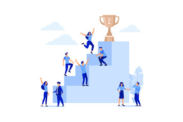 businessmen climb the ladder to the goal in the form of a golden cup, competition, career planning, career development concept, teamwork flat vector illustration 