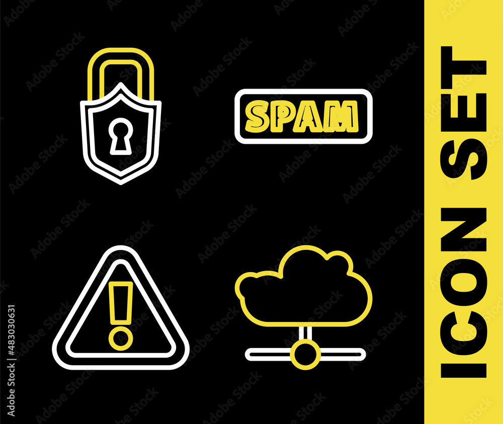 Poster set line spam, network cloud connection, exclamation mark in triangle and lock icon. vector