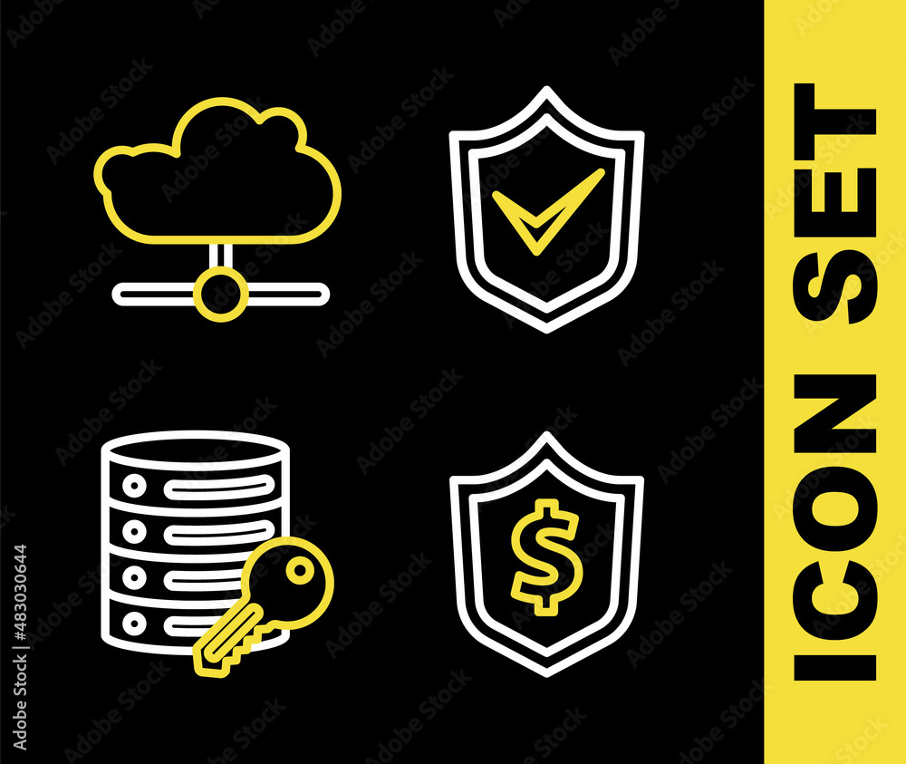 Poster set line shield with check mark, dollar, server security key and network cloud connection icon. vect