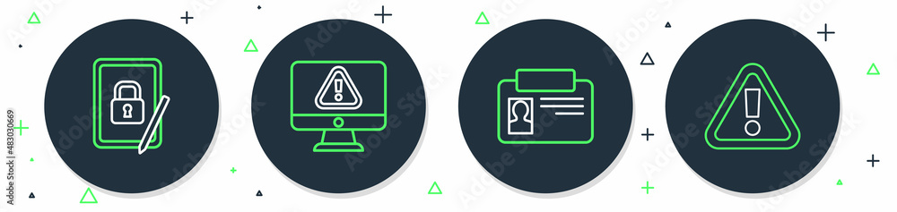 Poster set line monitor with exclamation mark, identification badge, tablet closed padlock and exclamation 