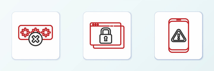 Set line Mobile with exclamation mark, Password protection and Secure your site HTTPS, SSL icon. Vector