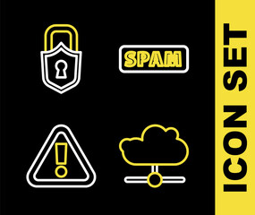 Set line Spam, Network cloud connection, Exclamation mark in triangle and Lock icon. Vector