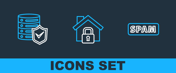 Set line Spam, Server with shield and House under protection icon. Vector