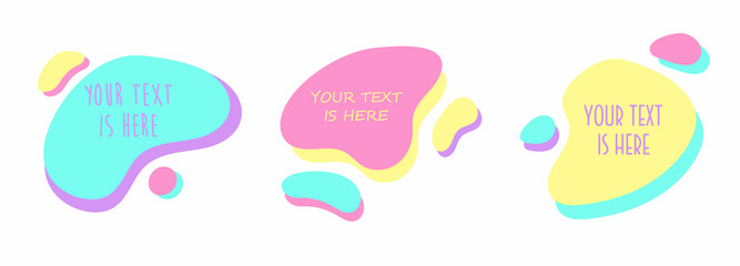 Set of trendy colorful and glowing liquid shapes. The geometric shape of the liquid spot. Modern graphic element. Abstract aqua blotch in minimalist trendy style. Graphic design frame for text.