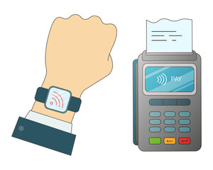 A smart watch on your hand and a mobile terminal with a receipt.