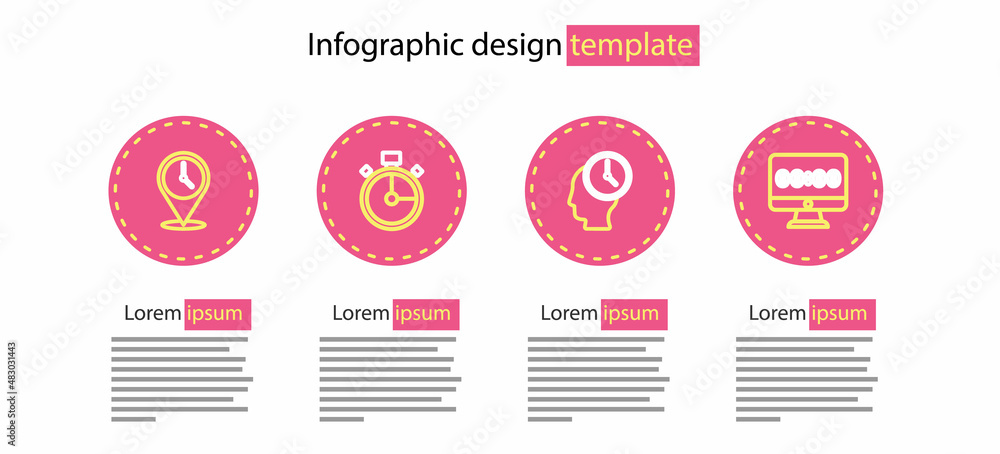 Poster set line time management, clock on monitor, stopwatch and location with clock icon. vector