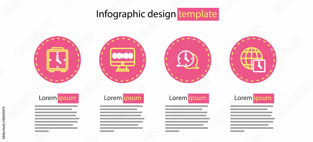 Poster set line clock speech bubble, world time, on monitor and alarm clock icon. vector