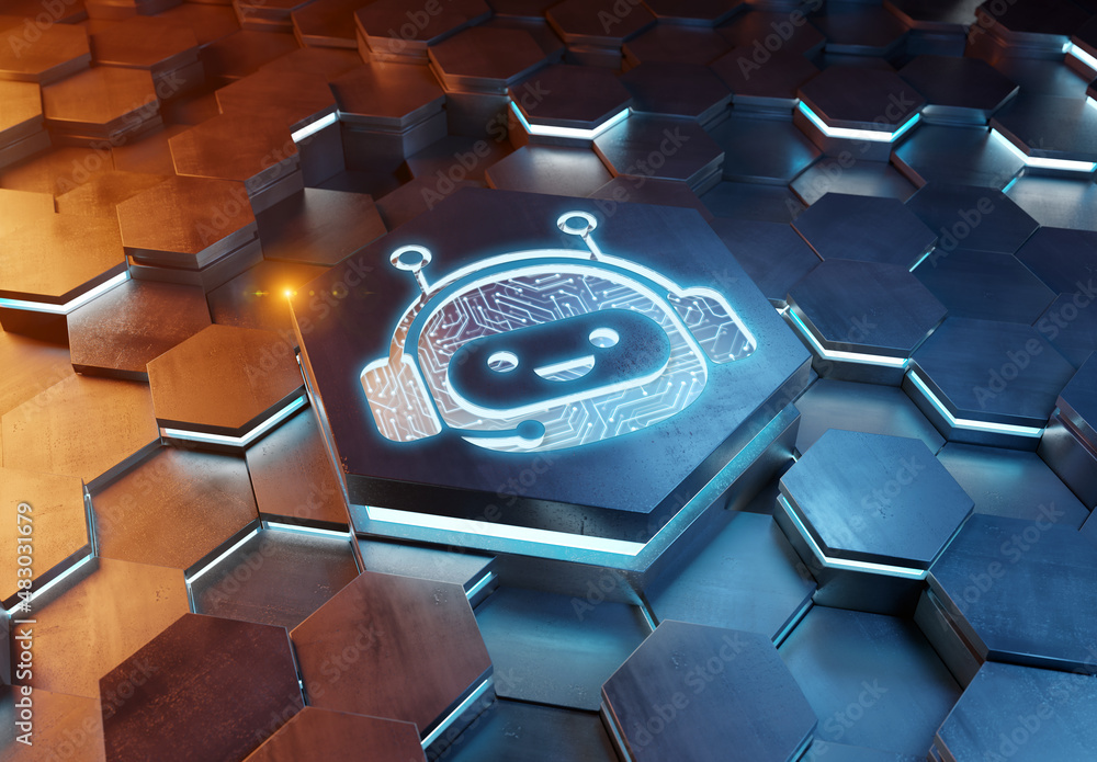 Aufkleber Chatbot icon concept engraved on metal hexagonal pedestral background. Chat bot assistance logo glowing on abstract digital surface. 3d rendering