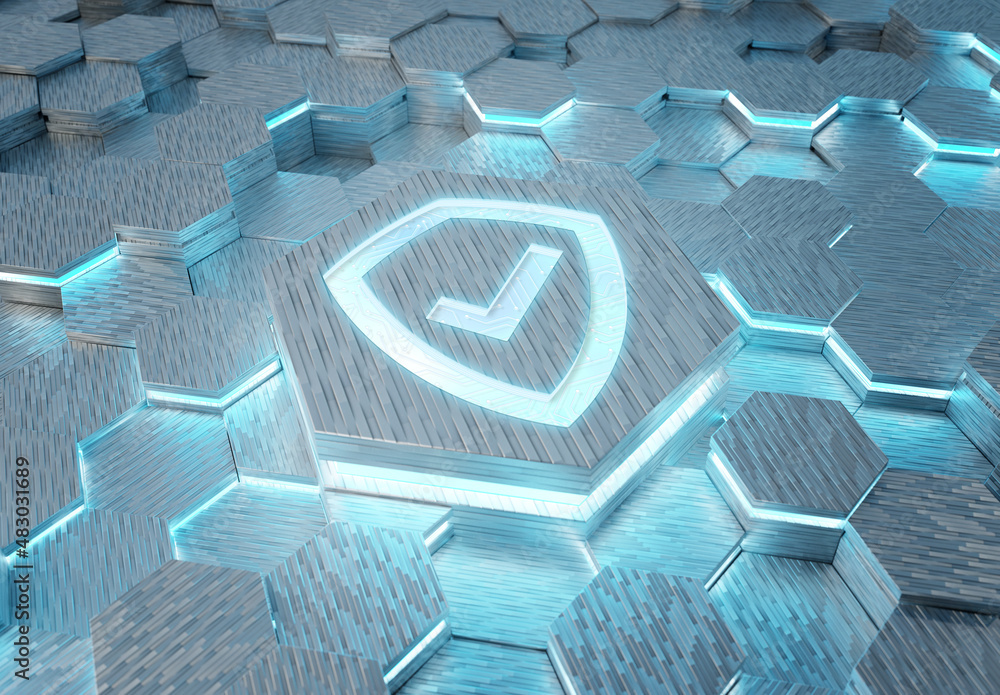Leinwandbilder shield icon concept engraved on hexagonal pedestral background. security logo glowing on abstract di