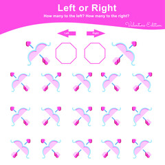 Left or Right Game for Preschool Children. Valentine Worksheet activity for kids. Education math printable worksheet to counting how many are left and right. Vector illustration.