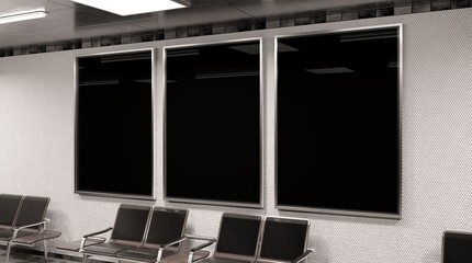 Three vertical billboards on underground wall Mockup. Hoardings advertising triptych on train station interior 3D rendering