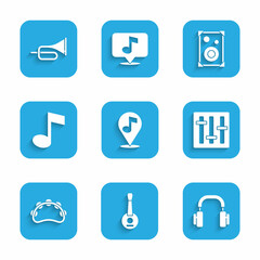 Set Location musical note, Banjo, Headphones, Sound mixer controller, Tambourine, Music tone, Stereo speaker and Trumpet icon. Vector