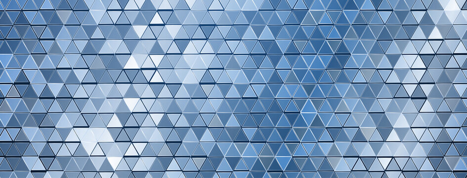 Abstract mosaic background of shiny mirrored triangle tiles in blue colors