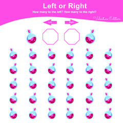 Left or Right Game for Preschool Children. Valentine Worksheet activity for kids. Education math printable worksheet to counting how many are left and right. Vector illustration.