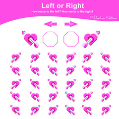 Left or Right Game for Preschool Children. Valentine Worksheet activity for kids. Education math printable worksheet to counting how many are left and right. Vector illustration.