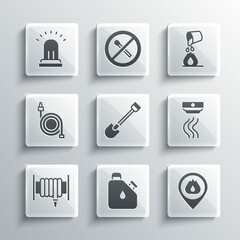 Set Canister fuel, Location with fire flame, Smoke alarm system, Fire shovel, hose reel, Ringing bell and Bucket extinguishing icon. Vector