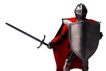 Knight with sword and metal shield on white background 3D illustration - obrazy, fototapety, plakaty